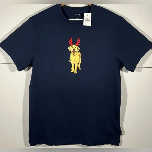 NEW J Crew Christmas T-Shirt Sz Medium Navy Golden Retriever Antlers Graphic Tee - Picture 1 of 12